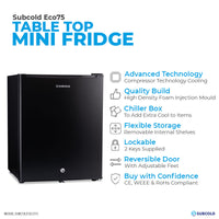 Thumbnail for Subcold Eco 75 litre table top black mini fridge features infographic