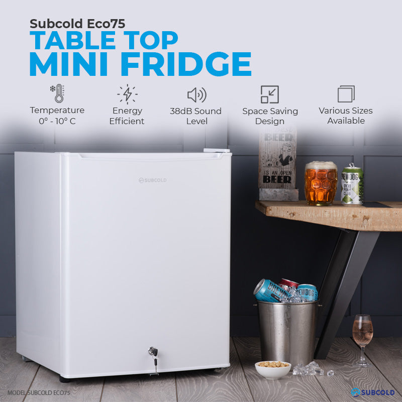 Subcold Eco 75 litre table top white mini fridge features infographic lifestyle