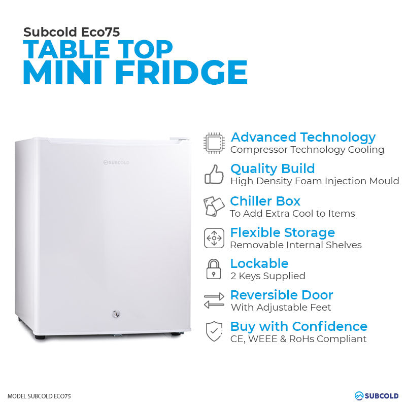 Subcold Eco 75 litre table top white mini fridge features infographic