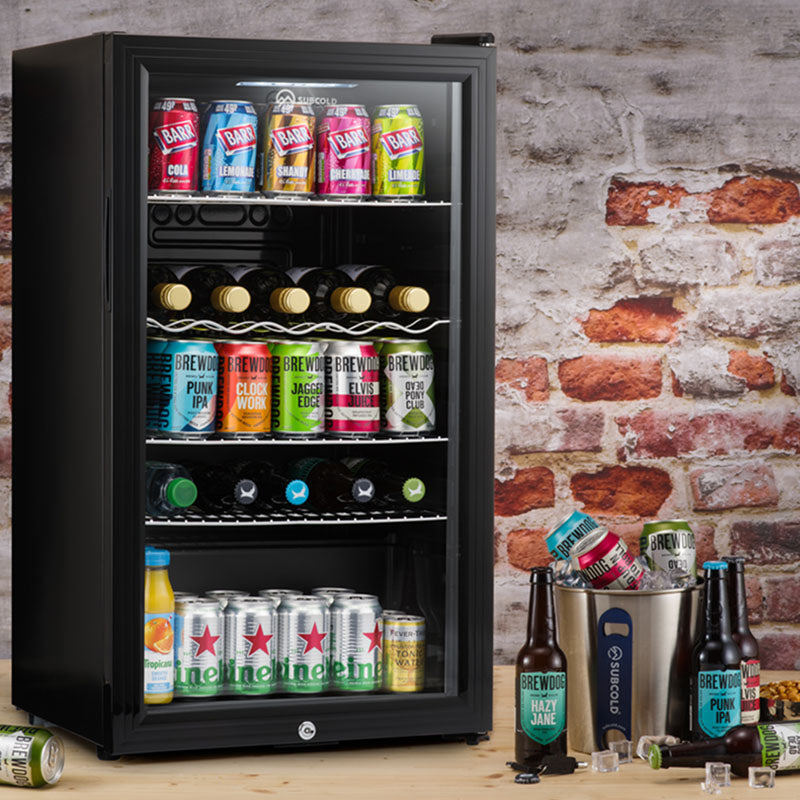Subcold Super 85 litre glass door beer drinks under counter black fridge lifestyle