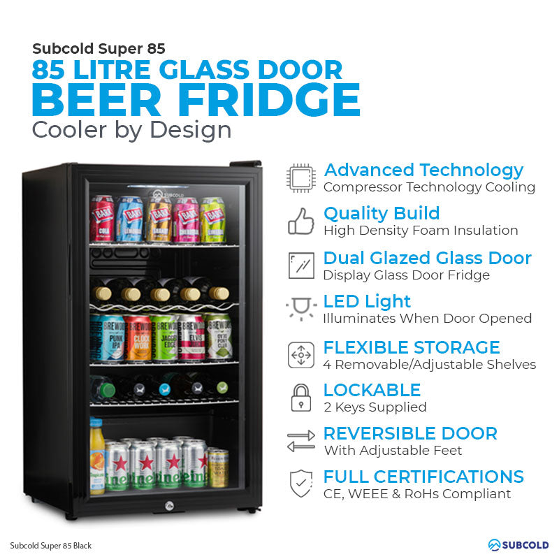 Subcold Super 85 litre under counter black beer fridge features infographic