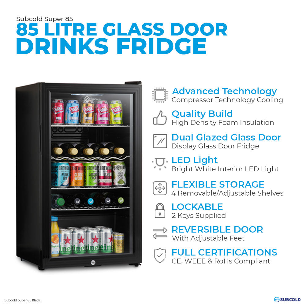 Subcold Super 85 litre under counter black beer fridge features infographic