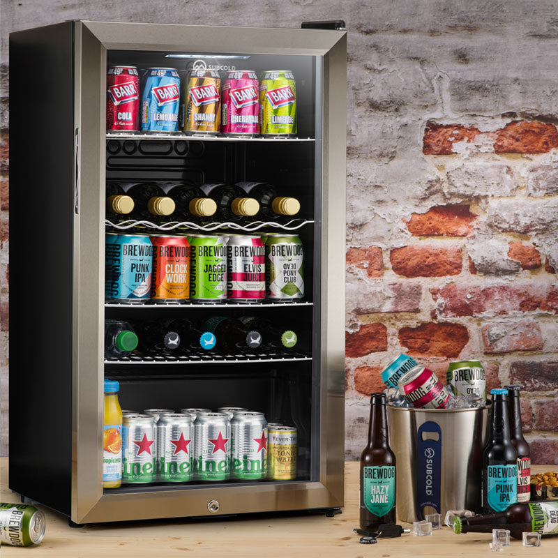 Subcold Super 85 litre glass door beer drinks under counter stainless steel fridge lifestyle