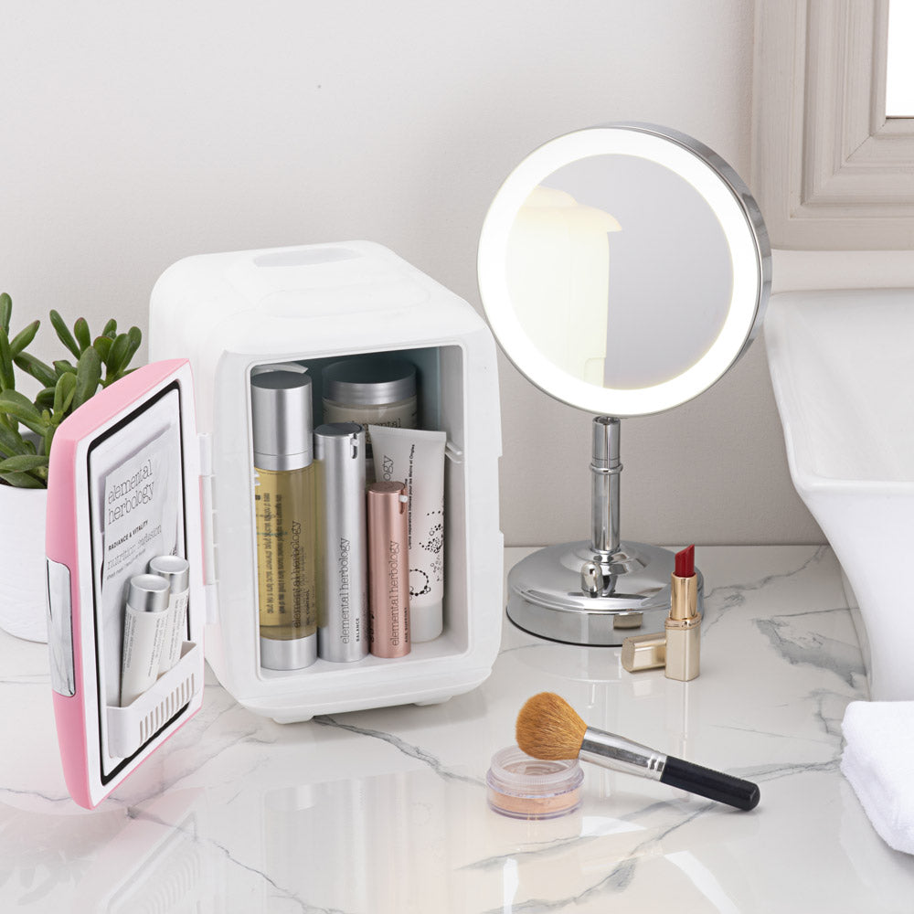 Subcold Classic 4 litre skincare fridge with beauty, makeup, cosmetics and skincare products
