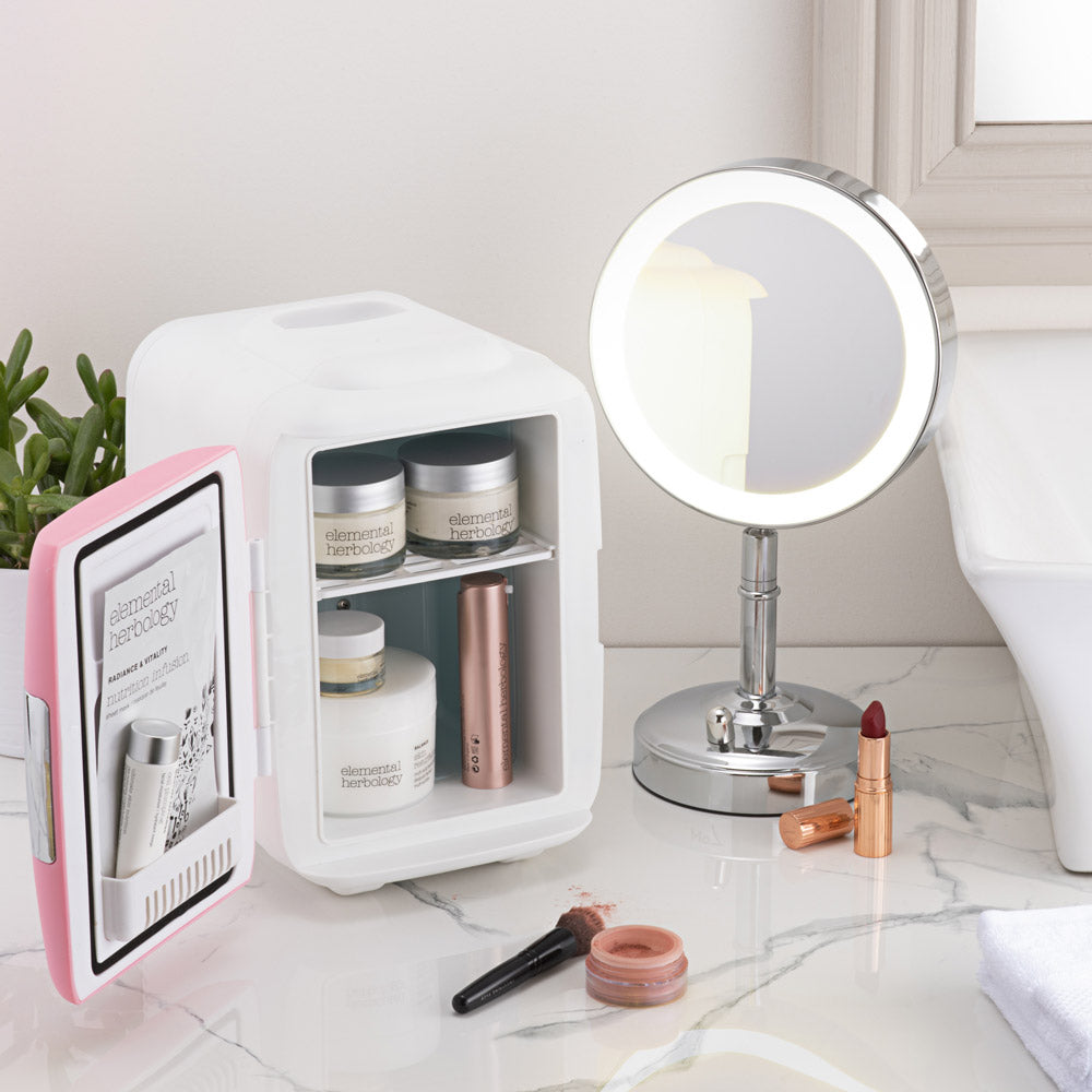 Subcold Classic 4 litre skincare fridge on vanity table with beauty products