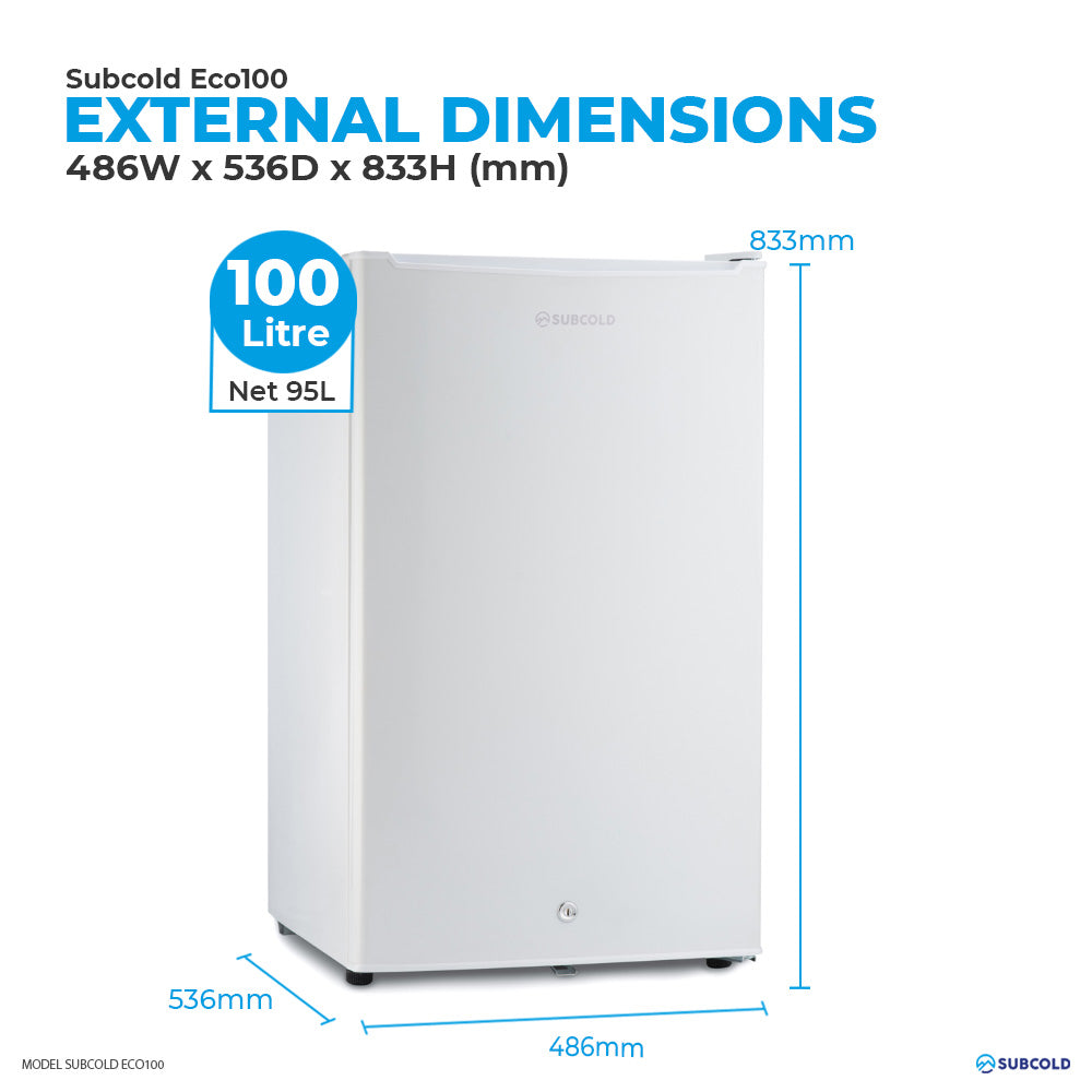 Subcold Eco white 100 litre undercounter fridge external dimensions and storage capacity
