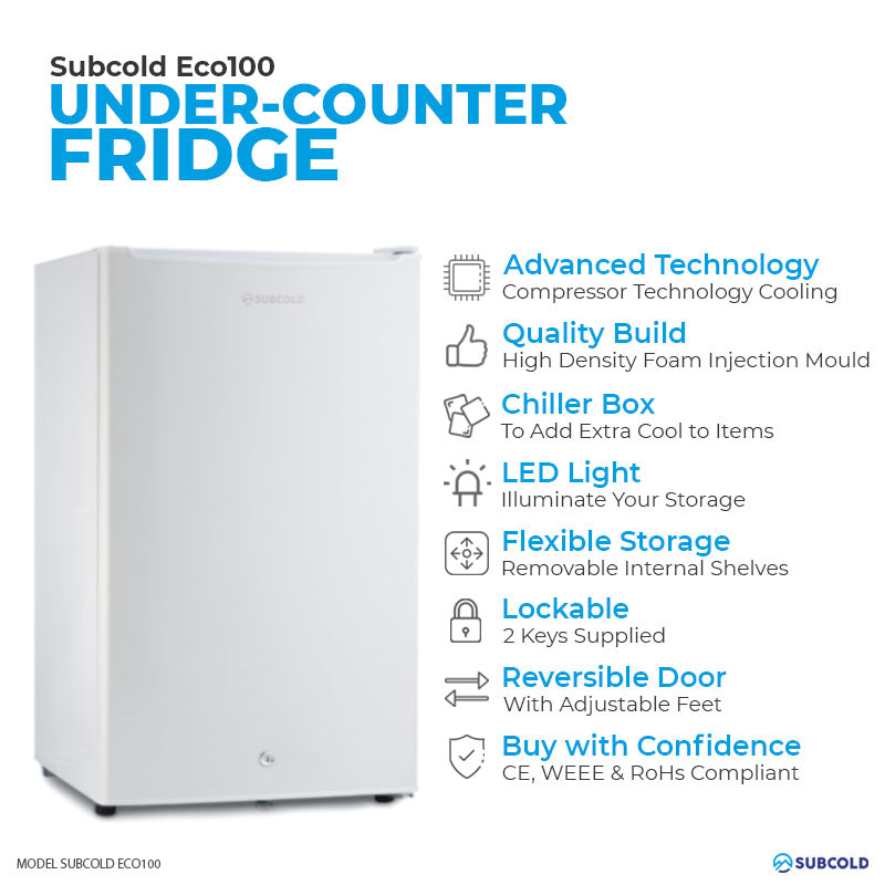 Subcold Eco white 100 litre undercounter fridge features infographic