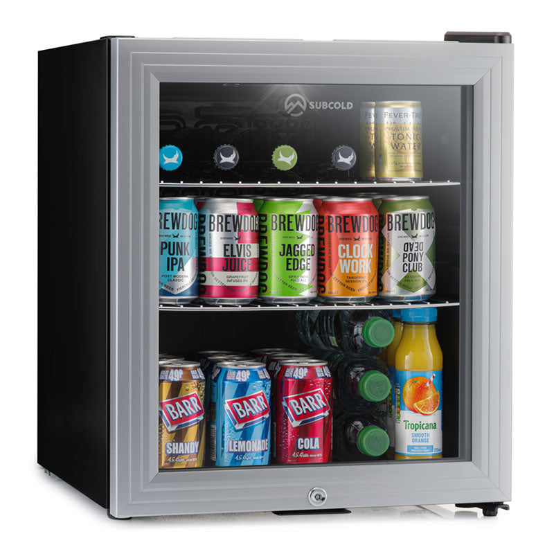 Subcold Super 50 litre glass door beer drinks silver mini fridge