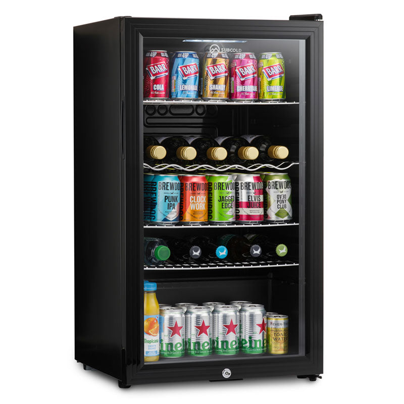 Subcold Super 85 litre glass door beer drinks under counter black fridge