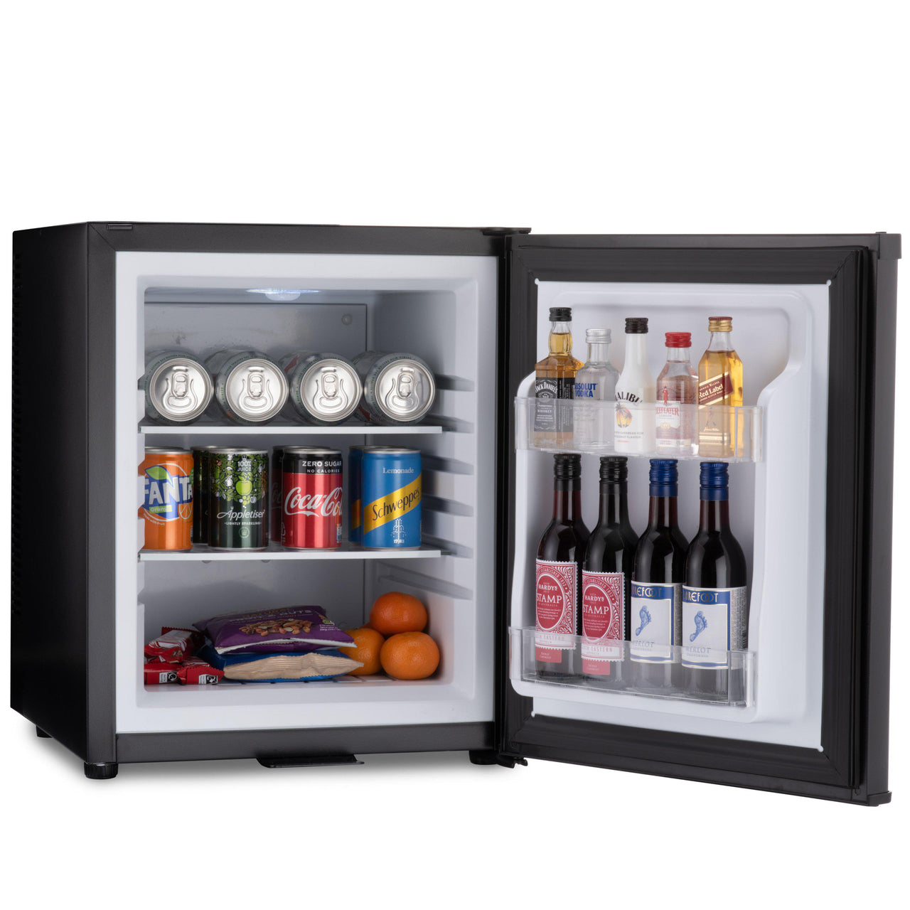 Barcool Bar 30 litre mini bar fridge black with snacks and drinks inside